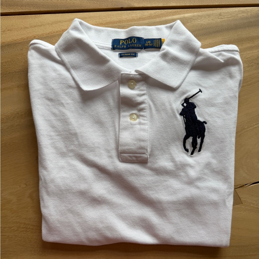 Polo Ralph Lauren Boy’s Classic White Polo with Navy Logo - Size Large 14-16)